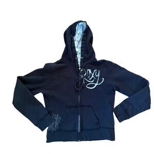 Vintage Roxy Hoodie Black Raw Edge Zip Up Sweatshirt Large Logo Y2K Skate Surf